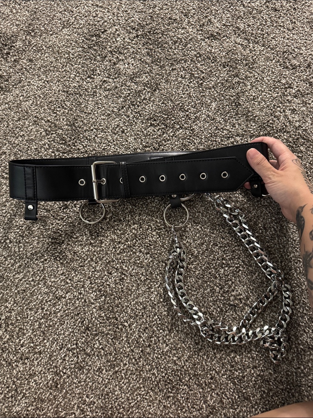 Disturbia Black Leather Grommet Belt with Detachable Silver Chains
